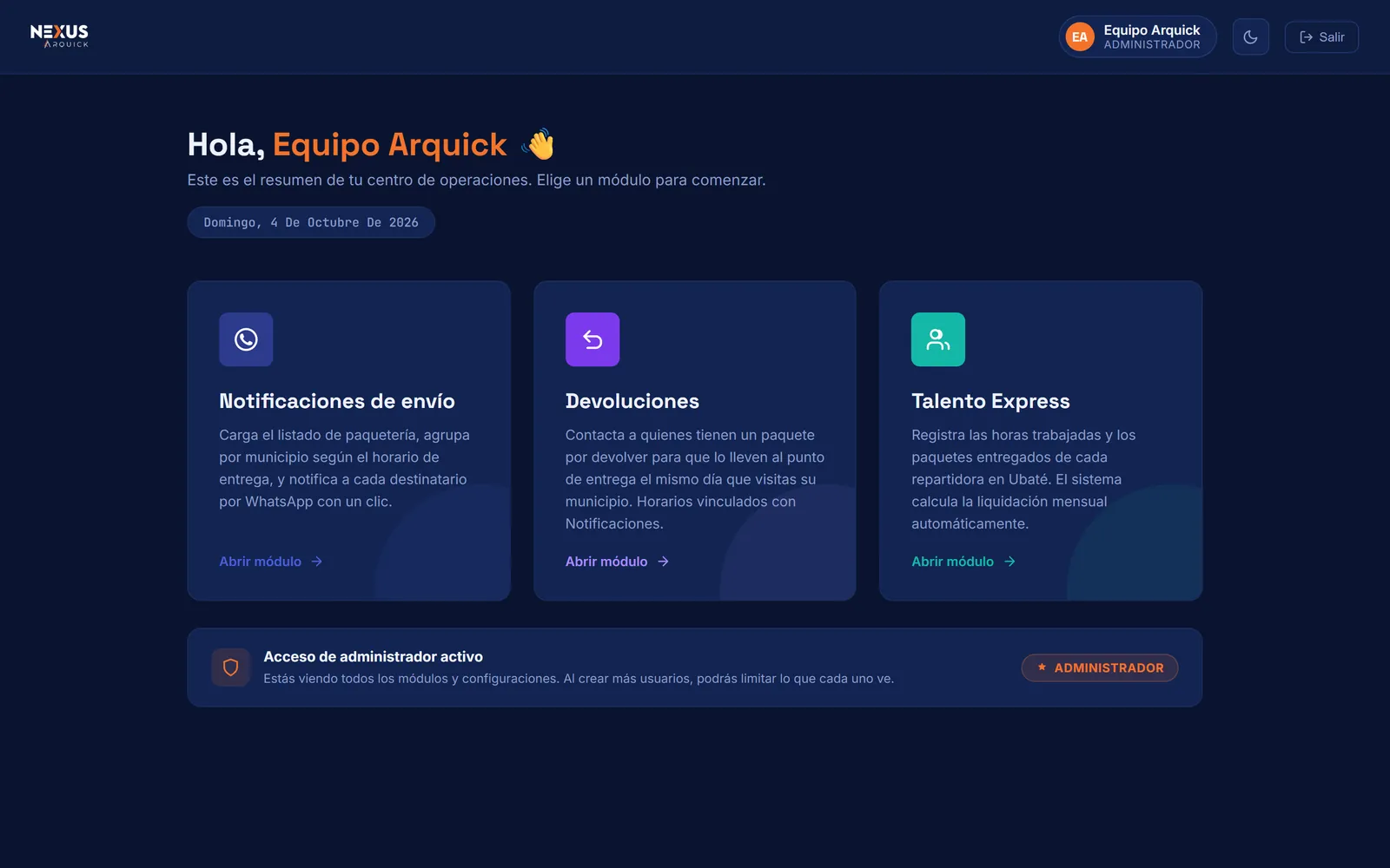 Tablero de Nexus con los módulos de notificaciones de envío, devoluciones y Talento Express